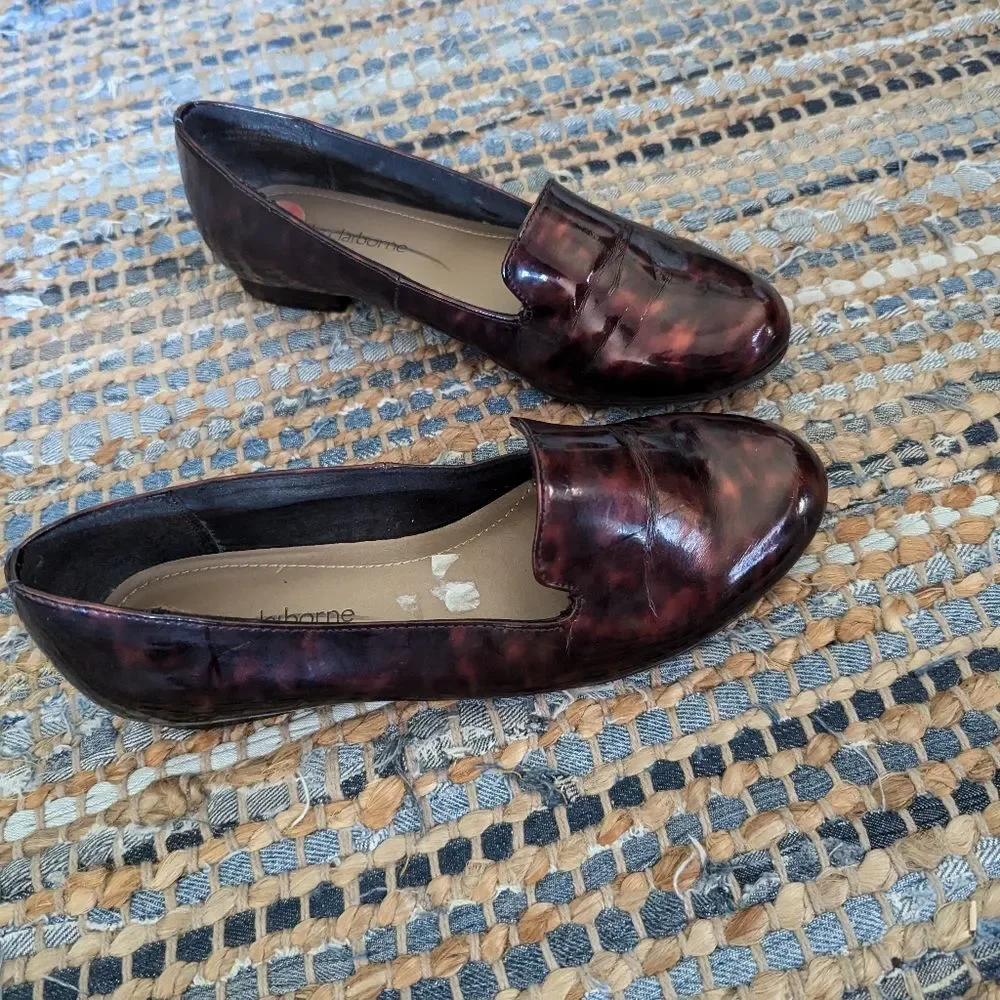 Liz Claiborne Desi Faux Patent Leather Marbled Loafer Shoes 6M Brown Red  Gloss